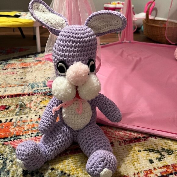 True Vintage Crocheted Amigurumi Purple Easter Bunny Rabbit Plush Stuffed Animal - Picture 7 of 12